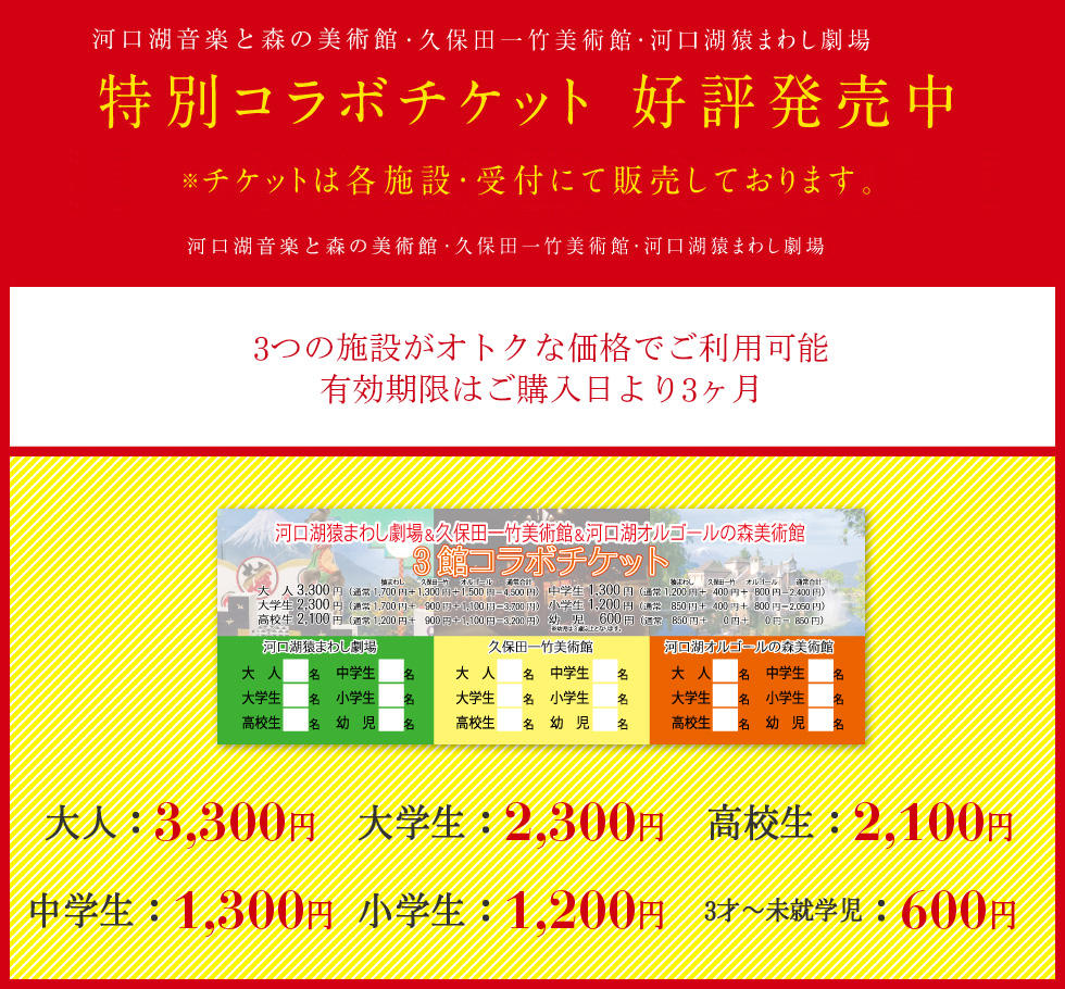 河口湖オルゴールの森・久保田一竹美術館・河口湖猿まわし劇場・河口湖自然生活館・河口湖ハーブ館